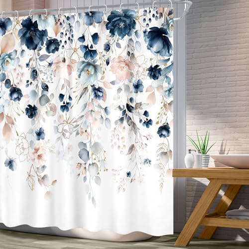 Blue Floral Flower Shower Curtain Cute Navy Flower Pastel Shower Curtain