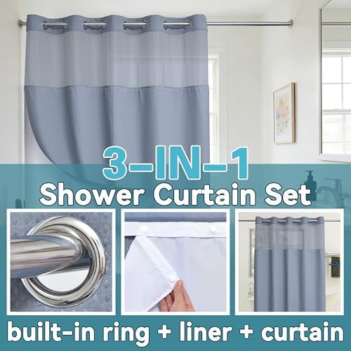 Conbo Mio No Hook Waffle Weave Shower Curtain with Snap in Liner Set, Hotel Luxury Grey Shower Curtains for Bathroom with See Through Top Window, Waterproof, Washable 71W x 74H