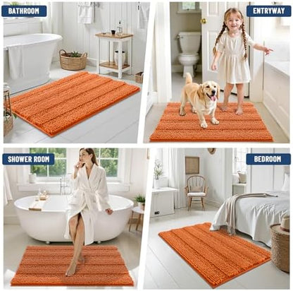 Grandaily Chenille Striped Bathroom Rugs 44x24, Extra Thick and Soft Absorbent Bath Mats, Rubber Backing, Plush Shaggy Shower Carpet, Machine Wash Dry, Bath Rug for Bathroom, Clay