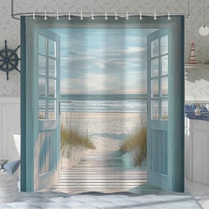 Blue Beach Barn Door Shower Curtain, Rustic Country Ocean Coastal Seaside Scenery Decor Bath Curtains, Retro Teal Wood Waterproof Bathroom Accessories Set, 72 x 72 inch with Hooks