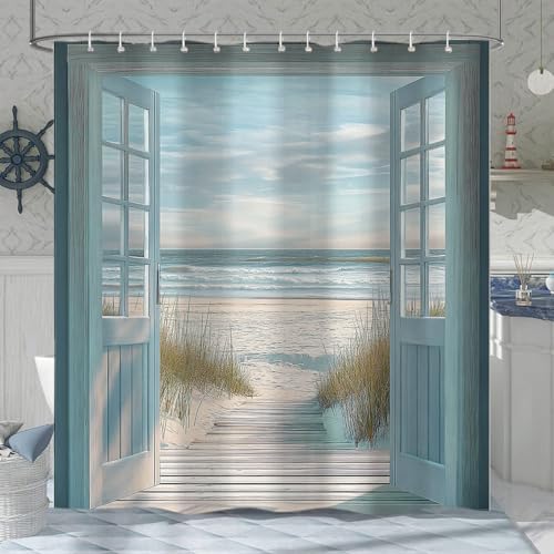 Blue Beach Barn Door Shower Curtain, Rustic Country Ocean Coastal Seaside Scenery Decor Bath Curtains, Retro Teal Wood Waterproof Bathroom Accessories Set, 60 x 70 inch with Hooks