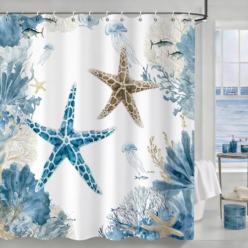 Blue Beach Shower Curtain for Bathroom, Ocean Coastal Theme, 72x72 In