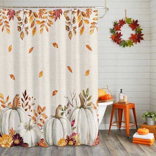 Shower Curtain Bathroom Set Thanksgiving Pumpkin Fall Orange Maple Leaf Watercolor Waterproof Shower Curtains with Grommets Hooks Vintage Linen Privacy Bath Curtain for Bathtub Decor 36x72in