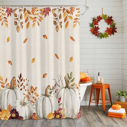 Shower Curtain Bathroom Set Thanksgiving Pumpkin Fall Orange Maple Leaf Watercolor Waterproof Shower Curtains with Grommets Hooks Vintage Linen Privacy Bath Curtain for Bathtub Decor 72x78in
