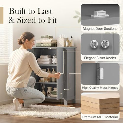 ZENY Bathroom Floor Storage Cabinet with Double Door + Adjustable Shelf, Wooden Organizer Cabinet for Living Room, Bathroom, Bedroom, Modern Home Furniture (Gray)