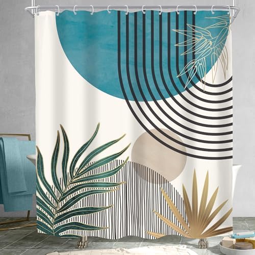 Mid Century Boho Abstract Blue Modern Gray Bathroom Shower Curtain Set