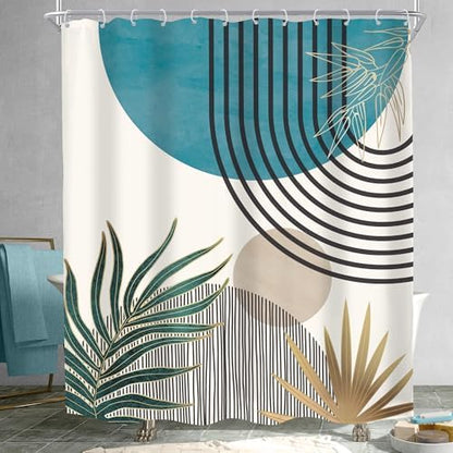 Mid Century Boho Abstract Blue Modern Gray Bathroom Shower Curtain Set
