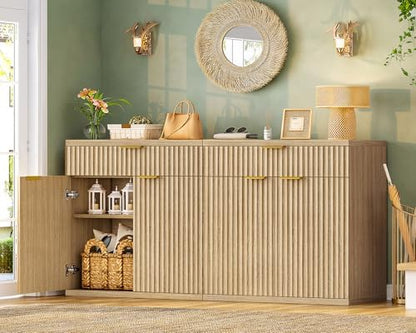 TEENFON 31.5" W Fluted Buffet Cabinet with Storage, Sideboard Cabinet, Coffee Bar Cabinet with 2 Doors and Adjustable Shelf for Living Room, Kitchen, Entryway, Natural