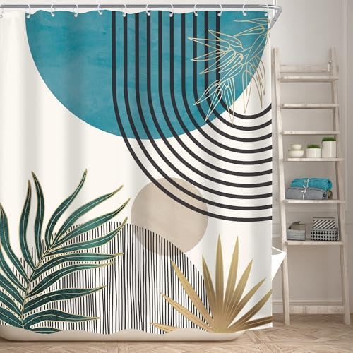 Mid Century Boho Abstract Blue Modern Gray Bathroom Shower Curtain Set