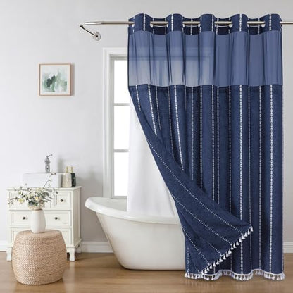 eachope Long No Hook Shower Curtain Set with Snap-in Liner,71x80,Navy Blue