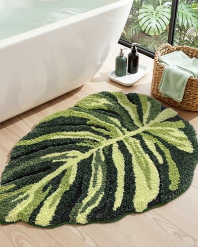 DEXI Cute Bath Mat, Green Leaf Monstera Bathroom Rugs 47x31.5