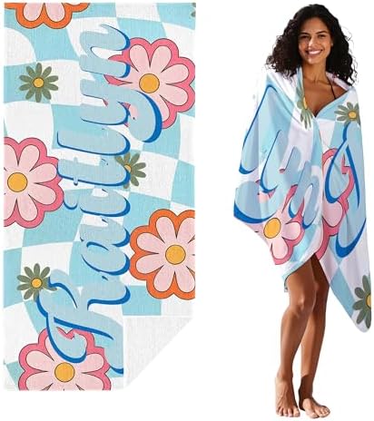 JML Personalized Beach Towel with Name, Custom Flower Beach Towel, Customized Microfiber Pool Towel, Quick Dry & Absorbent Swim Towel for Adult,Anniversary, Birthday, Summer Holiday,Vacation