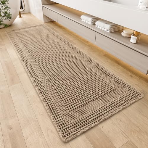 AMOAMI Waffle Bathroom Runner Rugs, Long Bath Mat Non Slip 24''x72'' Beige
