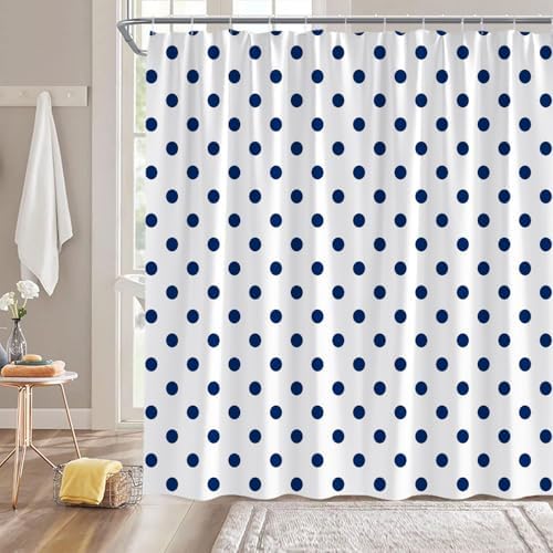 Polka Dot Shower Curtain Blue White Retro Spot Vintage Fabric Decorative Bathroom Curtains with Hooks,70" Wx75 H