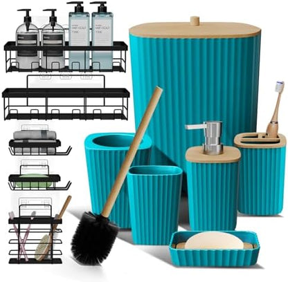 Clara Clark Bathroom Set - Teal Bathroom Accessories Set, 6PC Bathroom Accessory Set, Bathroom Sets with Adhesive Corner Shower Caddy Hanging, Toilet Brush, Trash Can & Soap Dispenser