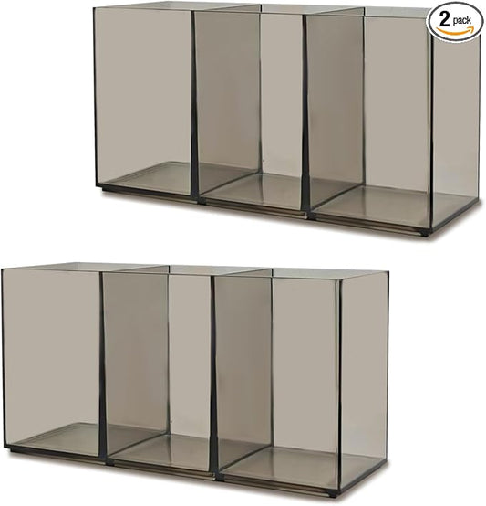 2 Pack Translucent Gray Makeup Brush Holder, 3 Compartment Plastic Pen Organizer, Acrylic Silverware Caddy for Storage Desk Vanity Pencil Utensil Marker Cutlery (Translucent Gray)