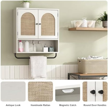 RUSTOWN Rattan Bathroom Wall Cabinet, Boho Medicine Cabinet with 2 Doors