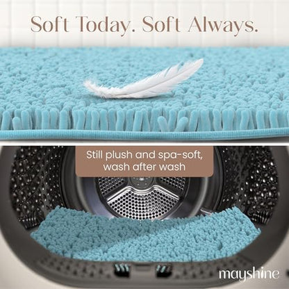 MAYSHINE Plush Shaggy Chenille Bath Mat | Extra Soft, Super Absorbent, Non-Slip Bathroom Rug | Fluffy Microfiber, Area Rug Sets for Bathroom Floor, Kitchen, Living Room | 47"x27" | Spa Blue