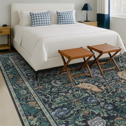 Soft Washable 9x12 Area Rug for Living Room, Bedroom Stain Resistant - Dark Blue Dining Rugs for Under Table, Non-Slip 9 by 12 Low Pile Boho Room Décor for Bedroom, Vintage Bird Floral Design Carpet
