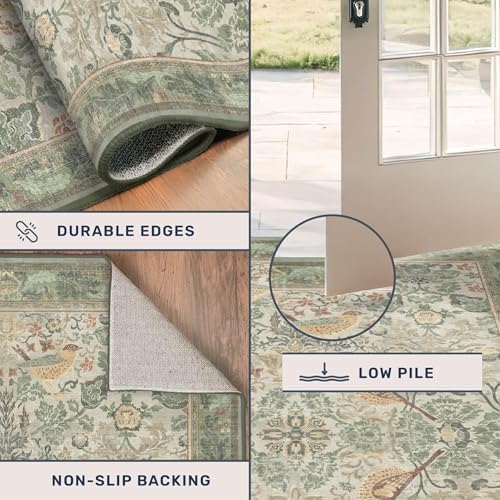 Sage Floral Kitchen Runners - 2x5 Runner Rug for Hallway Bathroom Laundry Room Bedroom Beside Bed Entryway, Boho Birds Leaves Patterned Non Slip Low Pile Washable Rugs