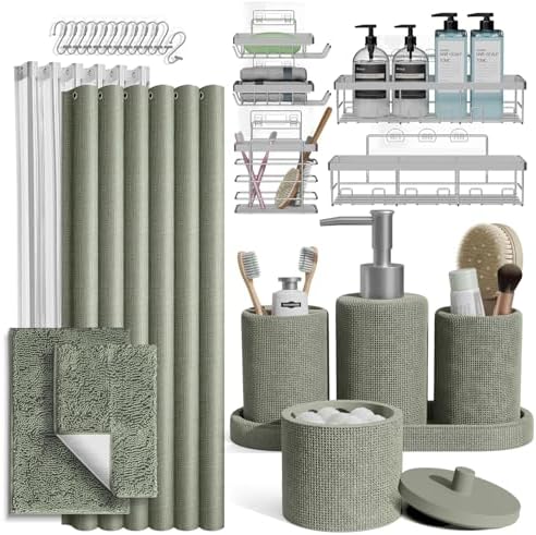 Clara Clark Sage Green Bathroom Set - Bathroom Sets with Shower Curtain and Rugs, 26PC Bathroom Accessory Set, Shower Curtain Set with Adhesive Corner Shower Caddy Hanging & Soap Dispenser