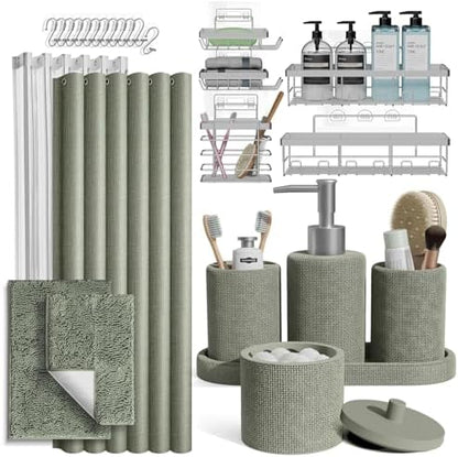 Clara Clark Sage Green Bathroom Set - Bathroom Sets with Shower Curtain and Rugs, 26PC Bathroom Accessory Set, Shower Curtain Set with Adhesive Corner Shower Caddy Hanging & Soap Dispenser