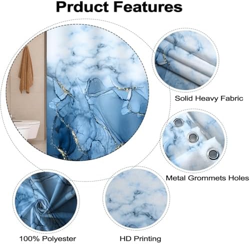 Light Blue Marble Long Waterproof Shower Curtain 72x78 inches