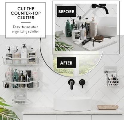 Clara Clark Sage Green Bathroom Set - Bathroom Accessories Set, 24PC Bathroom Accessory Set, Bathroom Sets with Shower Curtain Set, Adhesive Corner Shower Caddy Hanging & Soap Dispenser