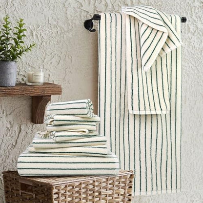 8 Piece Green Towel Set, Super Soft & Absorbent Cotton Striped Towels