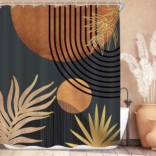 Mid Century Brown Black Boho Abstract Modern Bathroom Shower Curtain Set