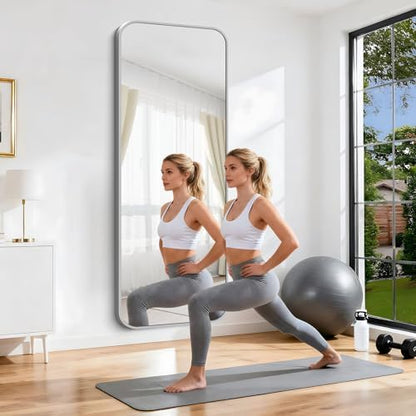 Silver Bathroom Mirror, 72 x 30 Inch Large Rectangle Mirror, Rectangular Vanity Mirror Aluminum Metal Frame, Rounded Corner Wall Mirror for Living Room Bedroom Entryway Horizontal/Vertical