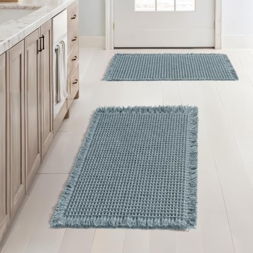 MIULEE Set of 2 Waffle Bathroom Rugs Boho Bath Mat Dusty Blue 17x24 Inch