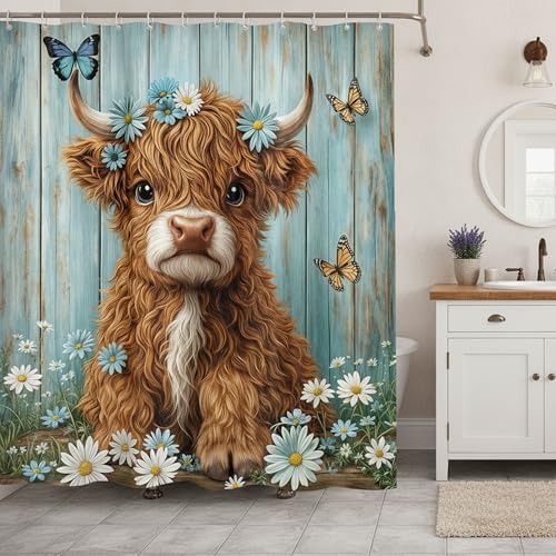 Cow Shower Curtain, Farmhouse Rustic Floral Daisy Funny Highland Cow Shower Curtains for Bathroom, Cute Calf Country Farm Animal Bathroom Decor with Hooks, 70x72 inch