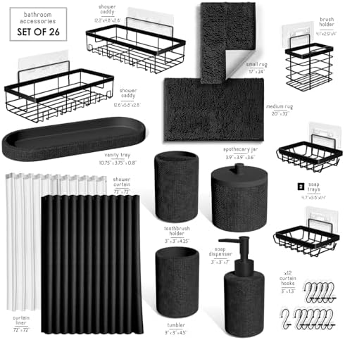 Clara Clark Black Bathroom Set - Bathroom Sets with Shower Curtain and Rugs, 26PC Bathroom Accessory Set, Shower Curtain Set with Adhesive Corner Shower Caddy Hanging & Soap Dispenser
