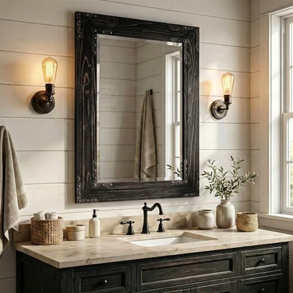 Rustic Black 24x36 Inch Wood Bathroom Vanity Mirror, Rivets