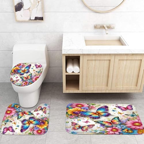 Chrainy 4pcs Colorful Butterfly Shower Cutain Set Bathroom Decor with Rugs