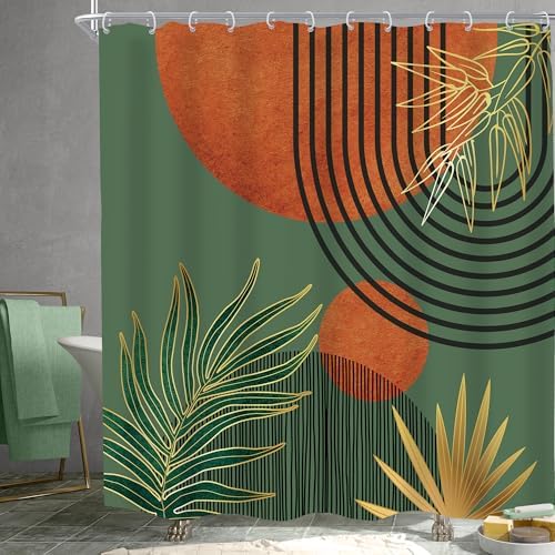 Mid Century Green Orange Boho Abstract Modern Bathroom Shower Curtain Set