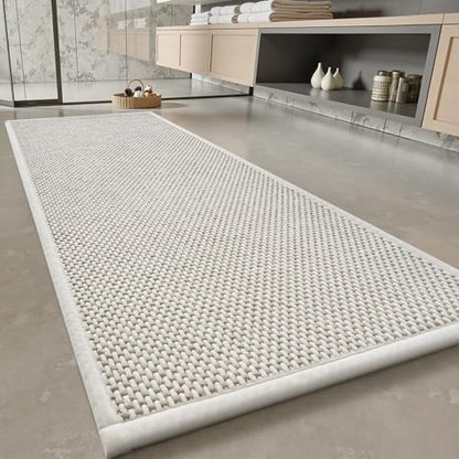 PADOOR-Bath Mat Runner-Super Absorbent Chenille Bathroom Mats-Rubber Backed Bath Mats for Bathroom Non Slip, Easy Clean Bathroom Runner Rugs Front of Bathtub,Shower Room,Sink-17×59, Beige&Cream