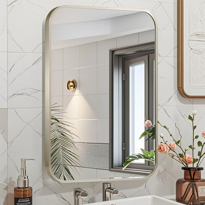 24x36 Inch Brushed Nickel Bathroom Mirror, Framed Rectangle Mirror with Rounded Corner, Brushed Mirror, Silver Bathroom Mirror for Over Sink, Vanity, Living Room, Bedroom, Horizontal/Vertical