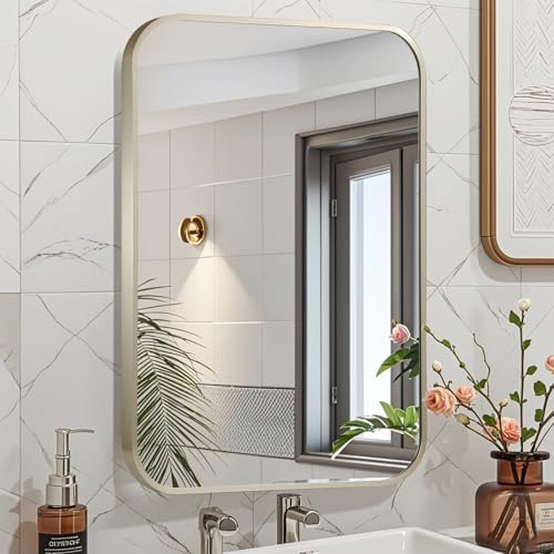 24x32 Inch Brushed Nickel Bathroom Mirror, Framed Rectangle Mirror with Rounded Corner, Brushed Mirror, Silver Bathroom Mirror for Over Sink, Vanity, Living Room, Bedroom, Horizontal/Vertical