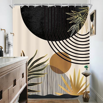 Mid Century Black Gold Boho Abstract Modern Bathroom Shower Curtain Set