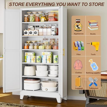 75" White Tall Metal Storage Cabinet with 2 Doors and 5 Adjustable Shelves,Steel Garage Tool Cabinet, File Cabinet,Kitchen Pantry Cabinet for Home,Office,Garage,School,Warehouse