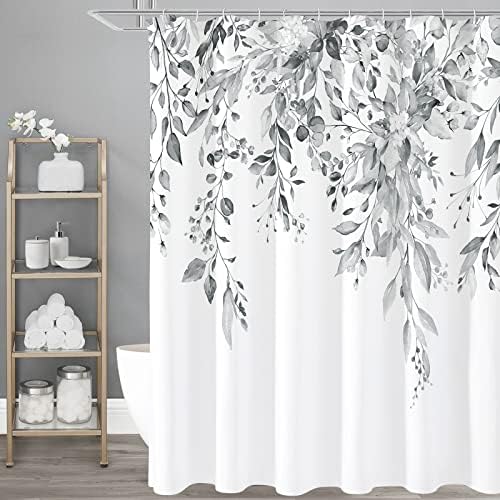 Gibelle Grey Eucalyptus Shower Curtain, Watercolor Floral Print, 72x78
