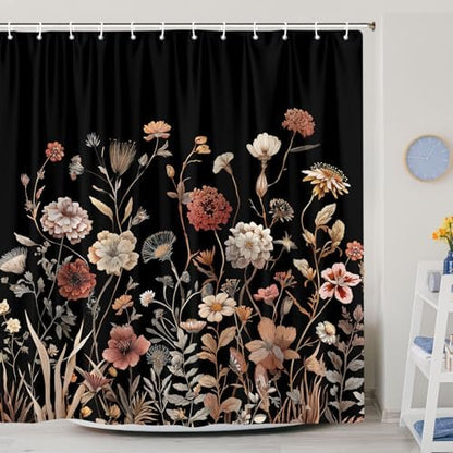 Vintage Boho Black Floral Shower Curtain, Beige Brown Cream Tan Rustic Farmhouse Flower Shower Curtain Set, Cute Botanical Wlidflowers Fabric Shower Curtains Decoration, 72X72 Bathroom Accessories