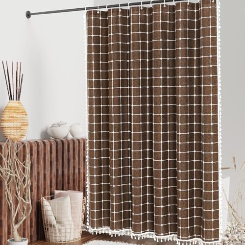 Boho Farmhouse Classic Plaid Linen Tassel Shower Curtain Brown,72x72