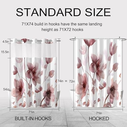 No Hook Shower Curtain and Liner Set, Red Boho Floral 71x74