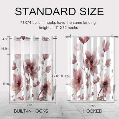 No Hook Shower Curtain and Liner Set, Red Boho Floral 71x74