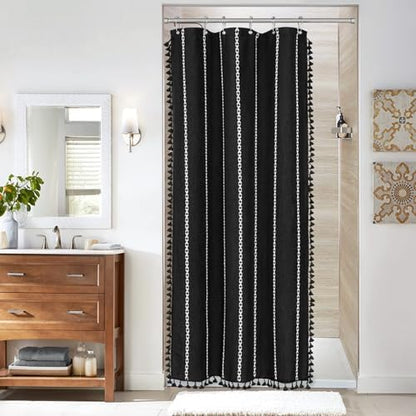 Boho Farmhouse Tassel Linen Shower Curtain,3D Embroidery Stripe Black,36x72