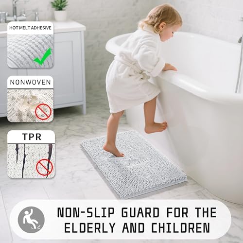 Yimobra Washable Bathroom Rugs, Super Soft & Absorbent Chenille Bath Mat for Floor & Carpet, Quick Dry Non Slip Bath Mat for Tub Shower, 32"x20",Silver