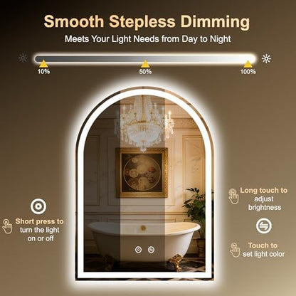 Arched LED Lighted Bathroom Mirror with Lights 20"x28"Smart Anti-Fog